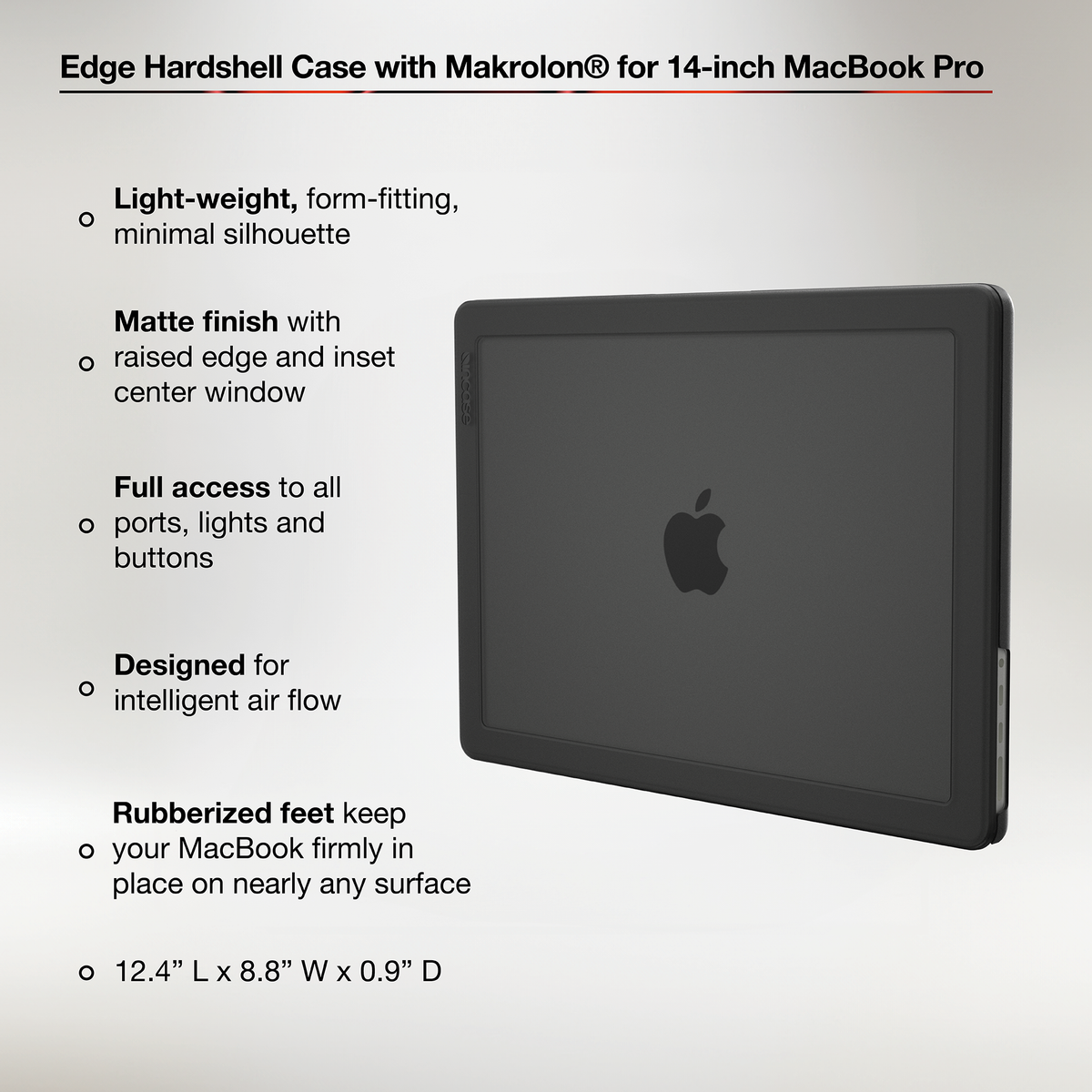 Edge Hardshell Case with Makrolon® for 14-inch MacBook Pro (M1-M4, 2021-2024) showing product features and dimensions