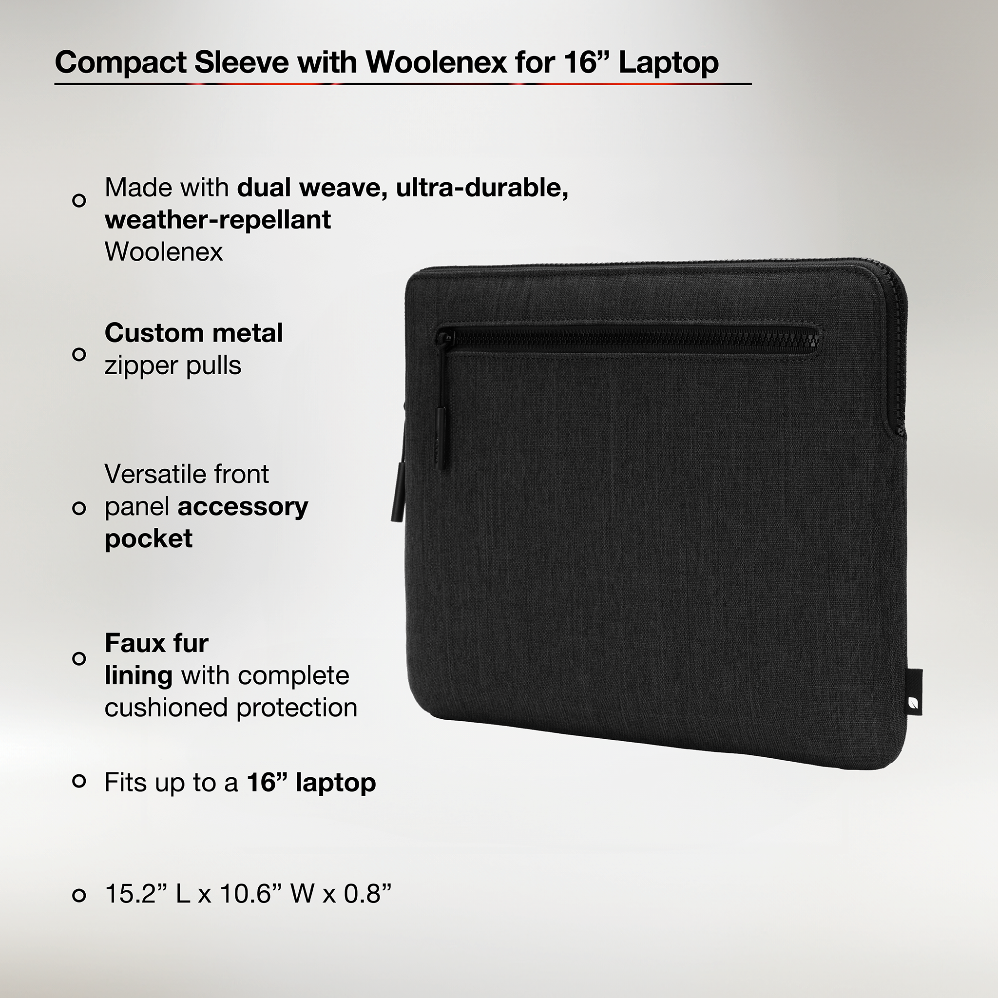 Incase Compact Sleeve with Woolenex for 16"  MacBook Pro (2019-2024) highlighting product features and dimensions