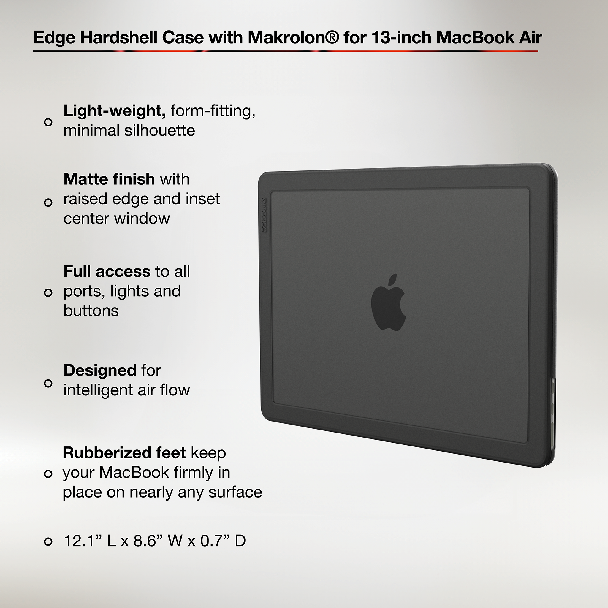 Edge Hardshell Case with Makrolon® for 13-inch MacBook Air (M2-M4, 2022-2025) showing feature points and product dimensions