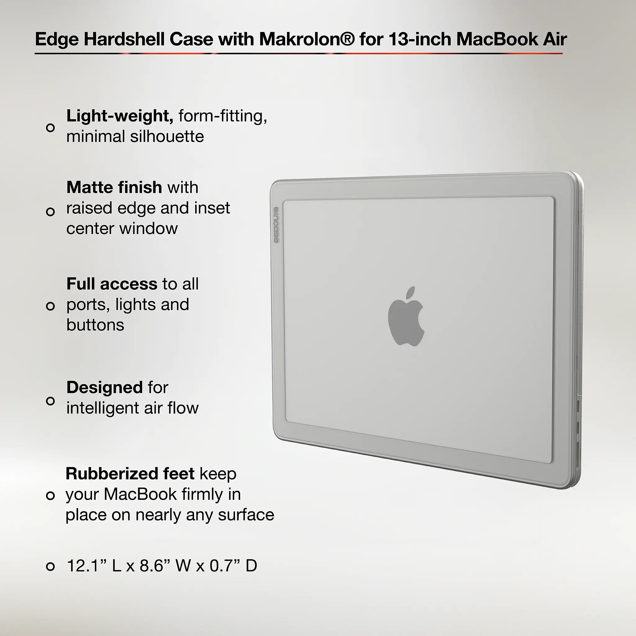 Edge Hardshell Case with Makrolon® for 13-inch MacBook Air (M2-M4, 2022-2025) showing feature points and product dimensions