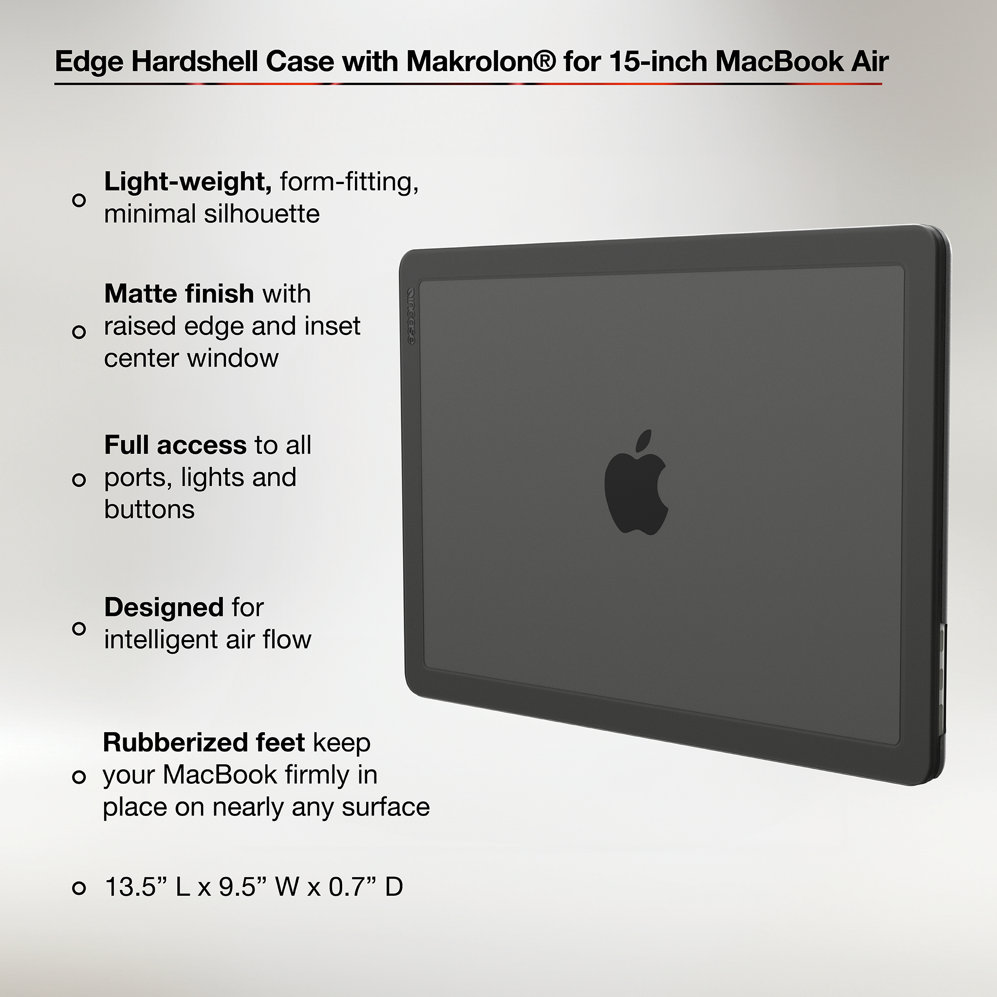 Edge Hardshell Case with Makrolon® for 15-inch MacBook Air (M2-M4, 2022-2025) highlighting product features and dimensions