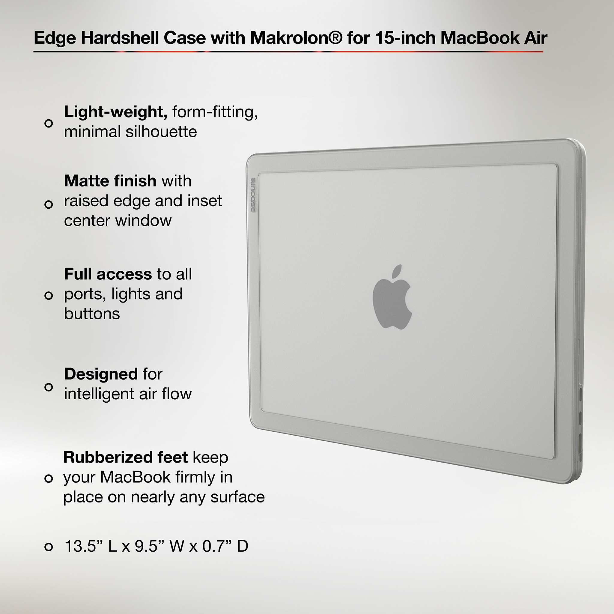 Edge Hardshell Case with Makrolon® for 15-inch MacBook Air (M2-M4, 2022-2025) highlighting product features and dimensions