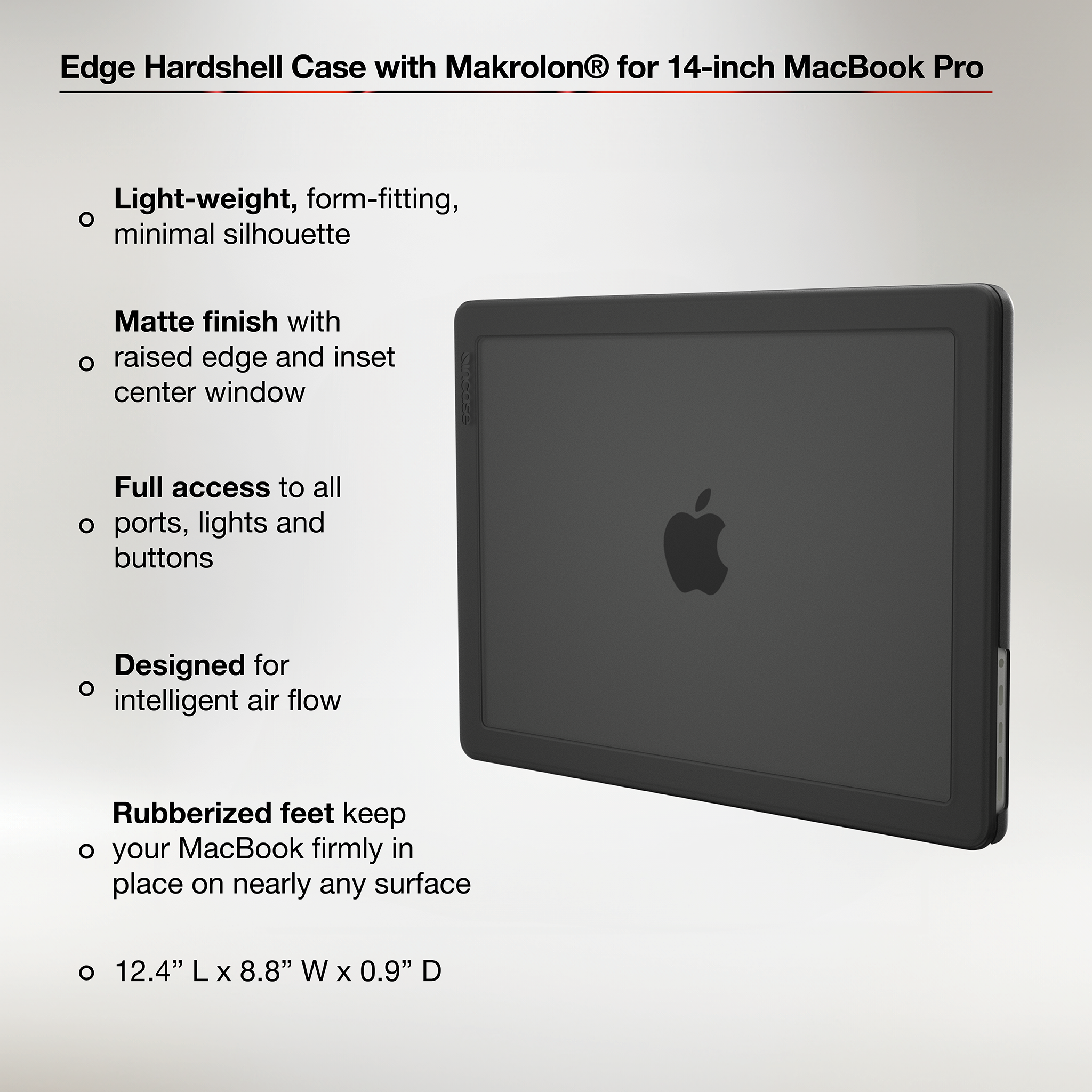 Edge Hardshell Case with Makrolon® for 14-inch MacBook Pro (M1-M4, 2021-2024) showing product features and dimensions