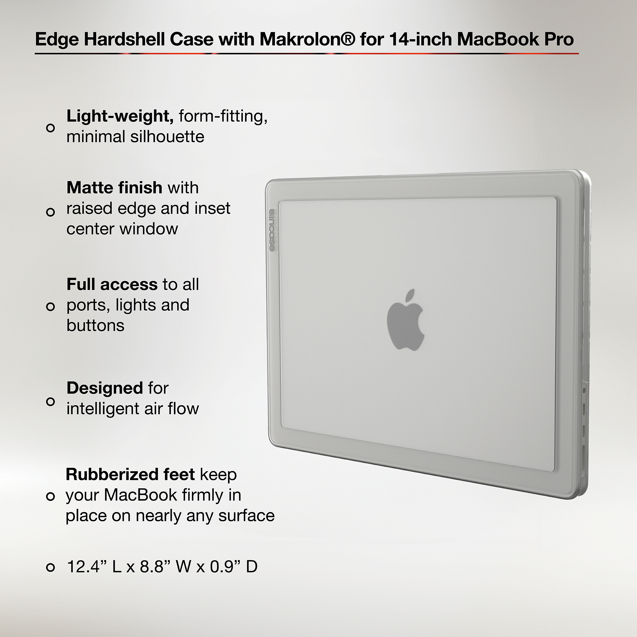 Edge Hardshell Case with Makrolon® for 14-inch MacBook Pro (M1-M4, 2021-2024) showing product features and dimensions