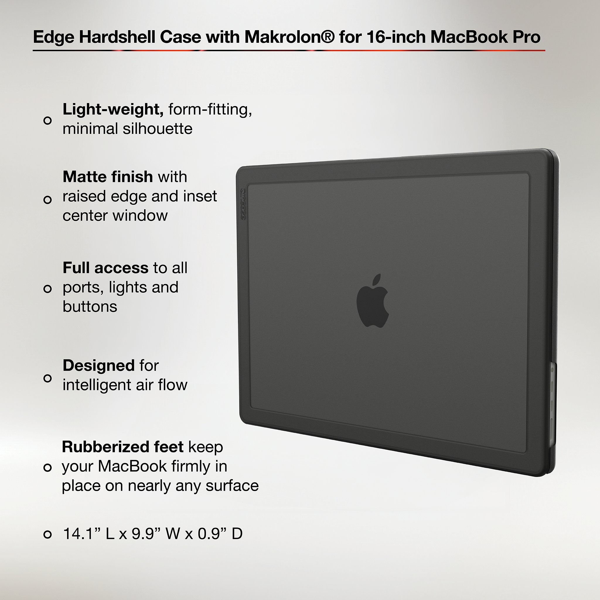 Edge Hardshell Case with Makrolon® for 16-inch MacBook Pro (M1-M4, 2021-2024) highlighting product features and dimensions