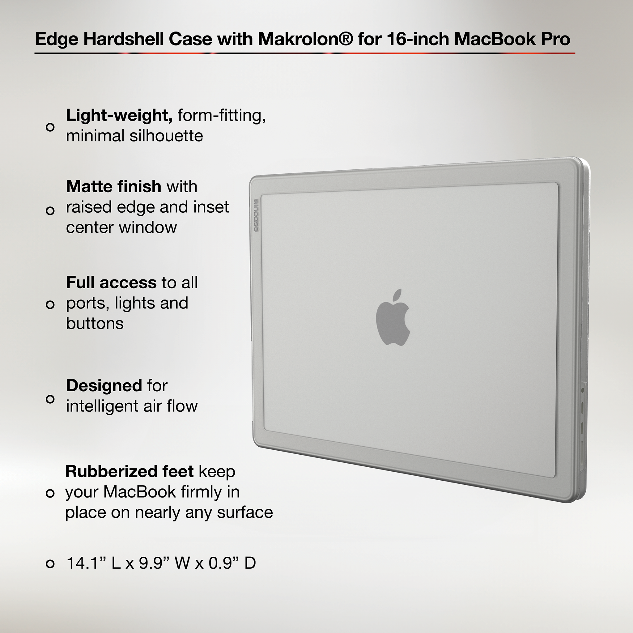 Edge Hardshell Case with Makrolon® for 16-inch MacBook Pro (M1-M4, 2021-2024) highlighting product features and dimensions
